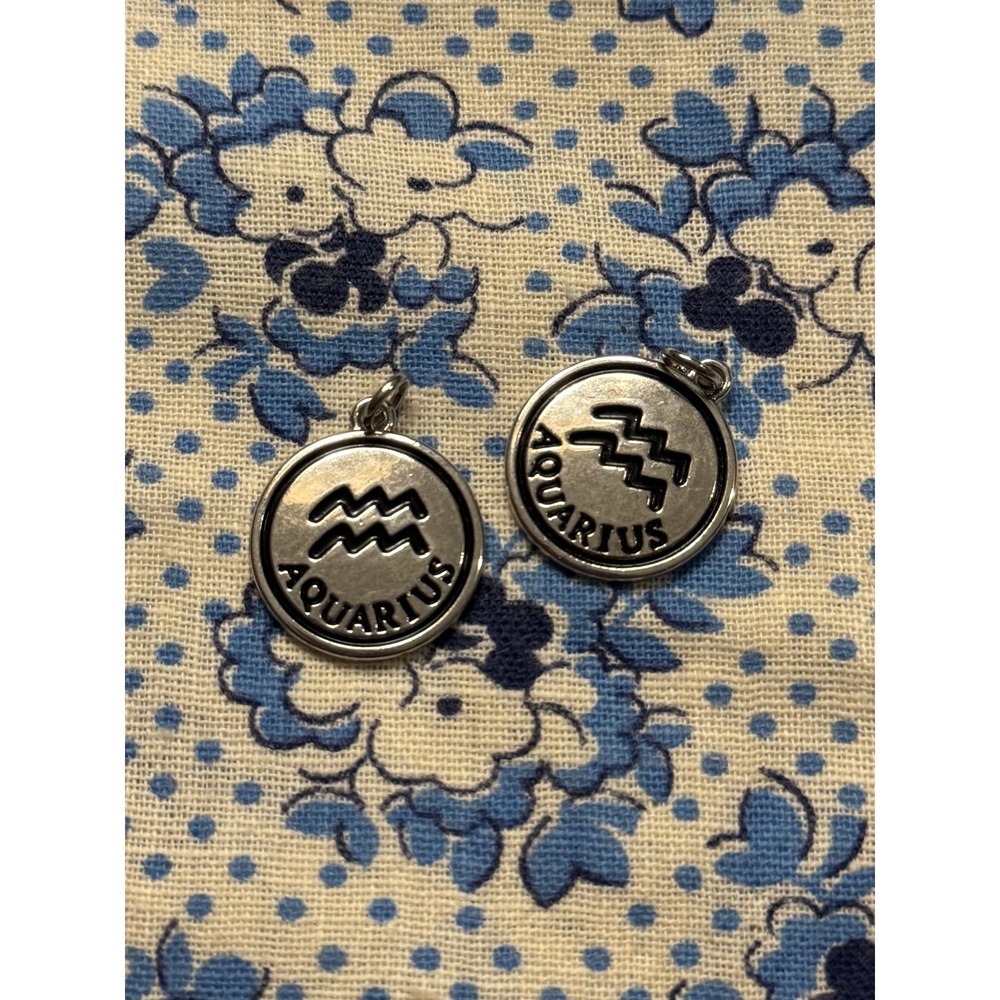 Aquarius Zodiac Sign Charms Silver Tone Astrology Medallion Pendants Set of 2